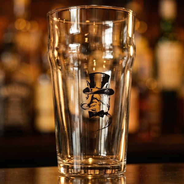 Empty pint glass with a fox in a top hat logo, on a bar with blurred bottles.