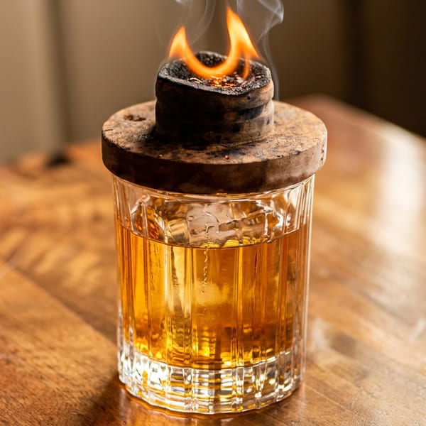 A smoked cocktail in a glass with a flaming wood chip on top, on a wooden table.
