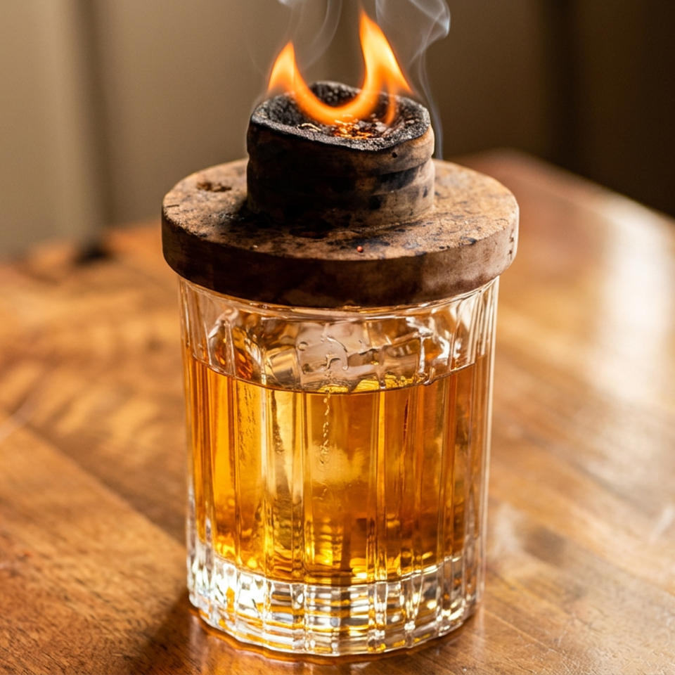A smoked cocktail with a flaming garnish on a wooden table.