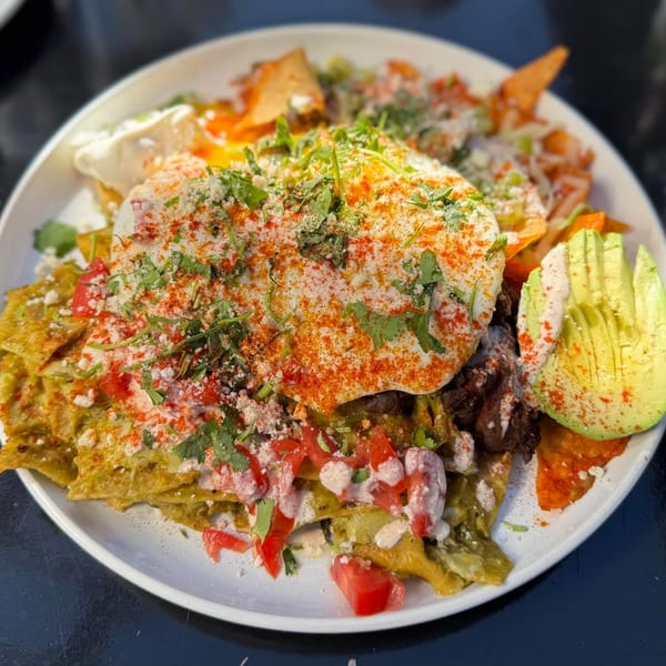 Chilaquiles with fried eggs, avocado, tomatoes, and cilantro on a white plate.