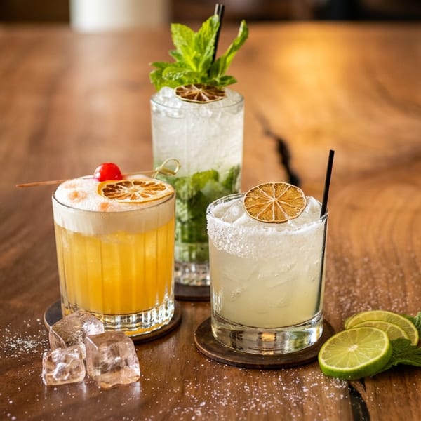 Three vibrant cocktails, including a mojito and margarita, on a rustic wooden table with limes and ice.