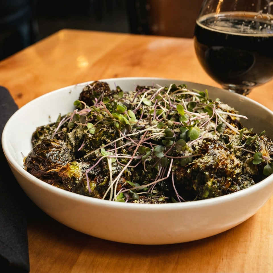 A white bowl of roasted Brussels sprouts topped with microgreens and parmesan, next to a dark beer.