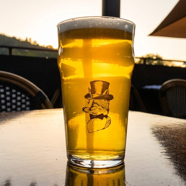A glass of beer with a fox in a top hat logo sits on a patio table at sunset.