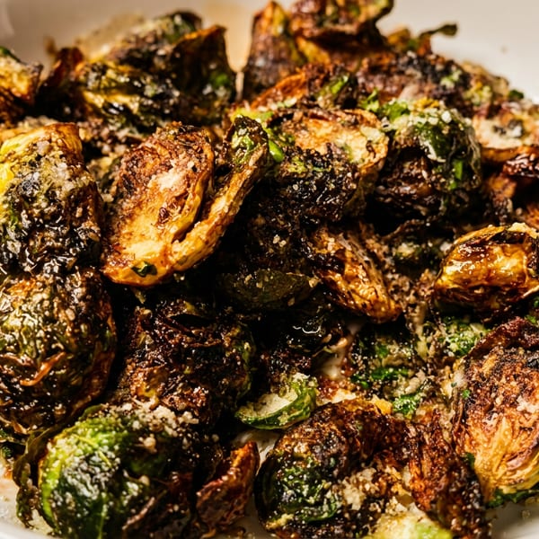 Close-up of a white bowl filled with crispy, roasted Brussels sprouts topped with grated cheese.